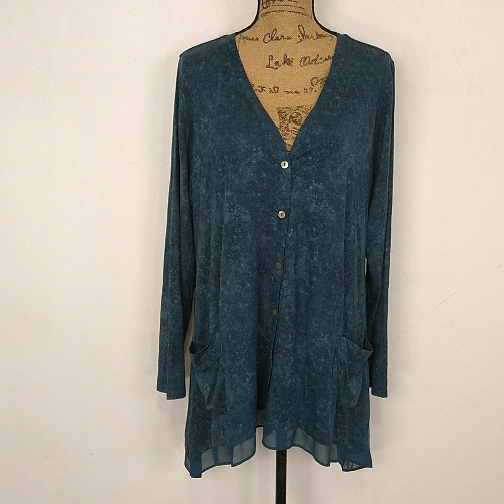 LOGO Lori Goldstein Cardigan Women XL Teal Marbled V-Neck Button Pocket Chiffon
